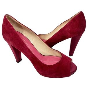 Kate Spade New York Georgia Ruby Red Suede Pumps Size 7 Peep Toe High Heels